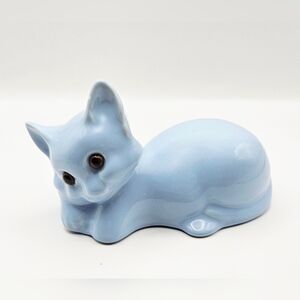 Vintage Blue Ceramic Cat Figurine with Glass Eyes Mid Century Style